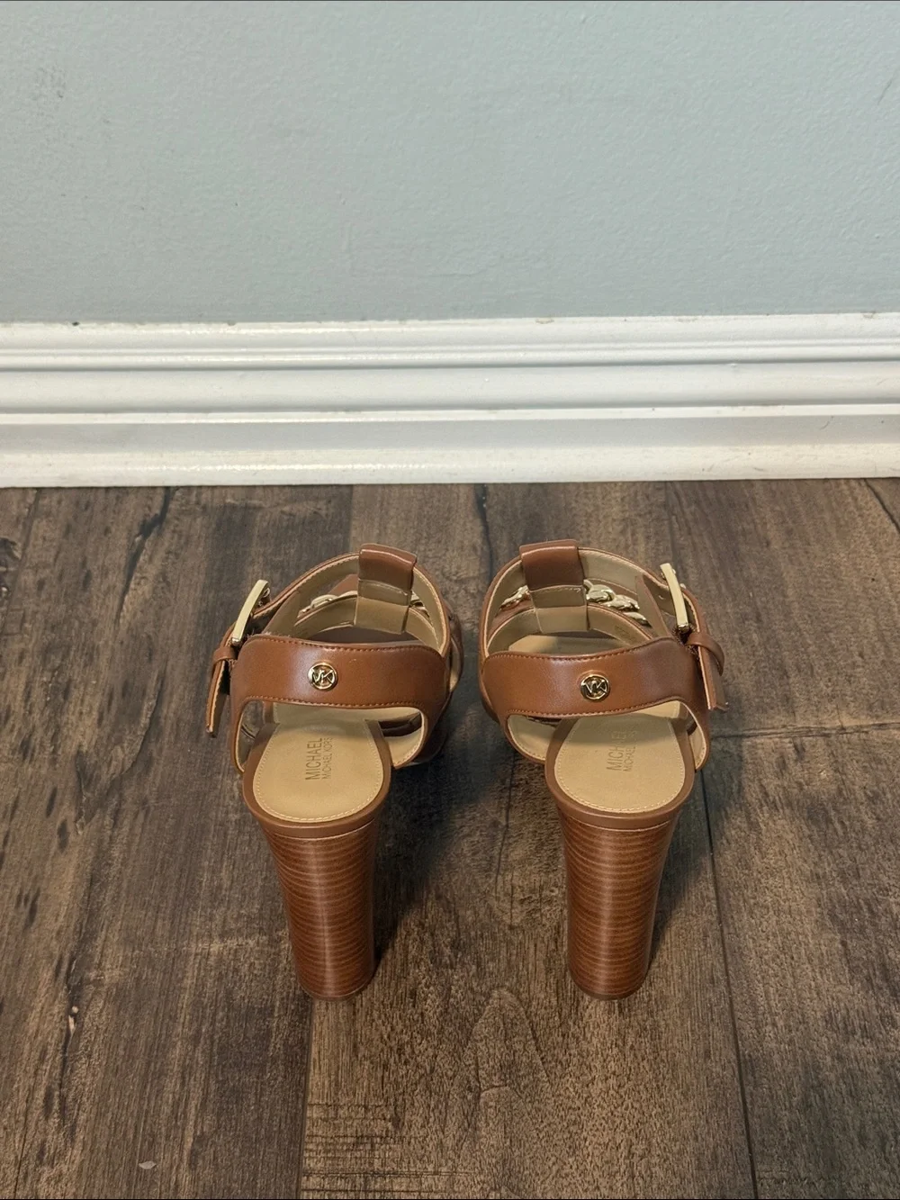 Michael Kors Brown Platform Block Heel Sandals with Gold Chain